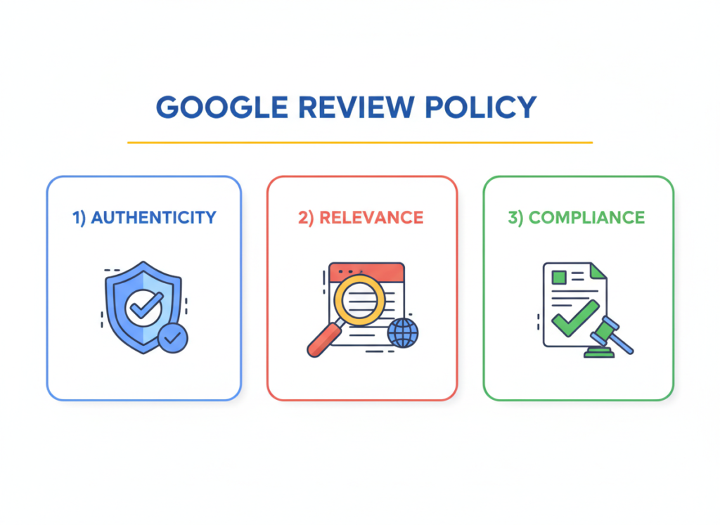 Visual representation of Google review policy core principles showing authenticity, relevance and compliance