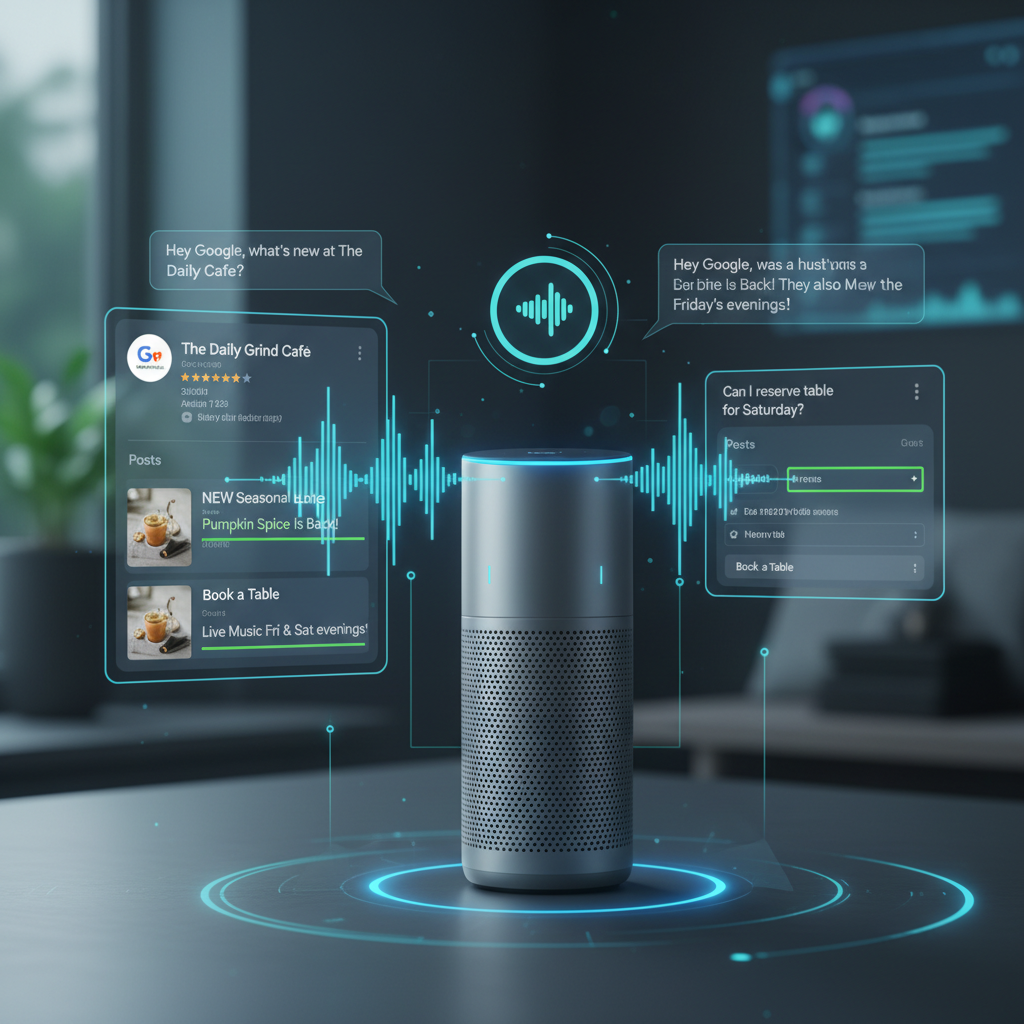 Voice search integration with Google Posts showing conversational interactions