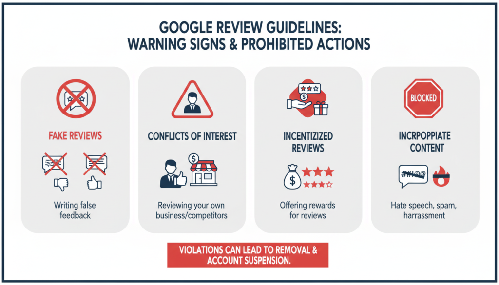 Warning signs illustrating prohibited behaviors in Google review policy including fake reviews and conflicts of interest